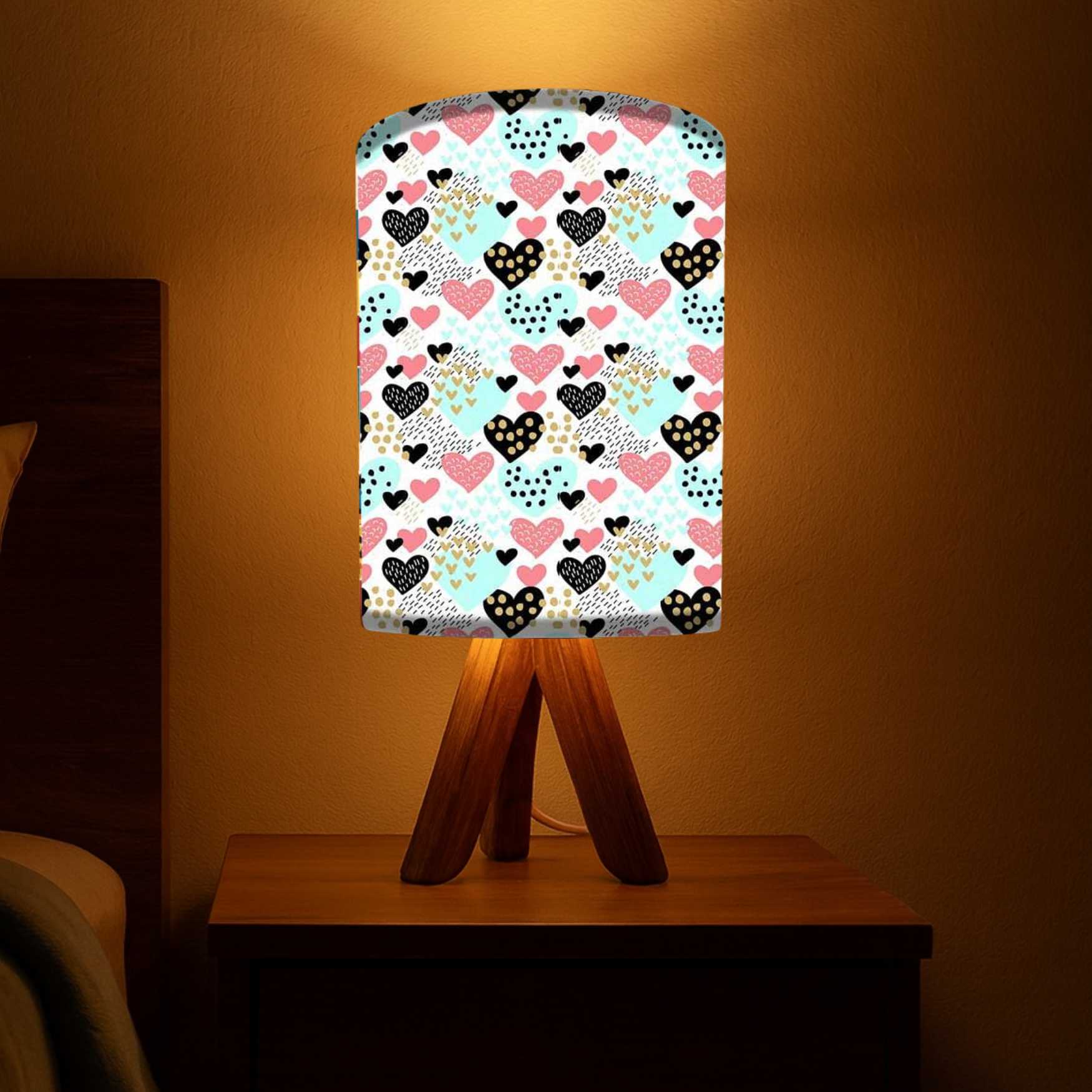Small Wooden Lamp Table For Bedroom-Dotted Hearts (3W LED Bulb Included)
