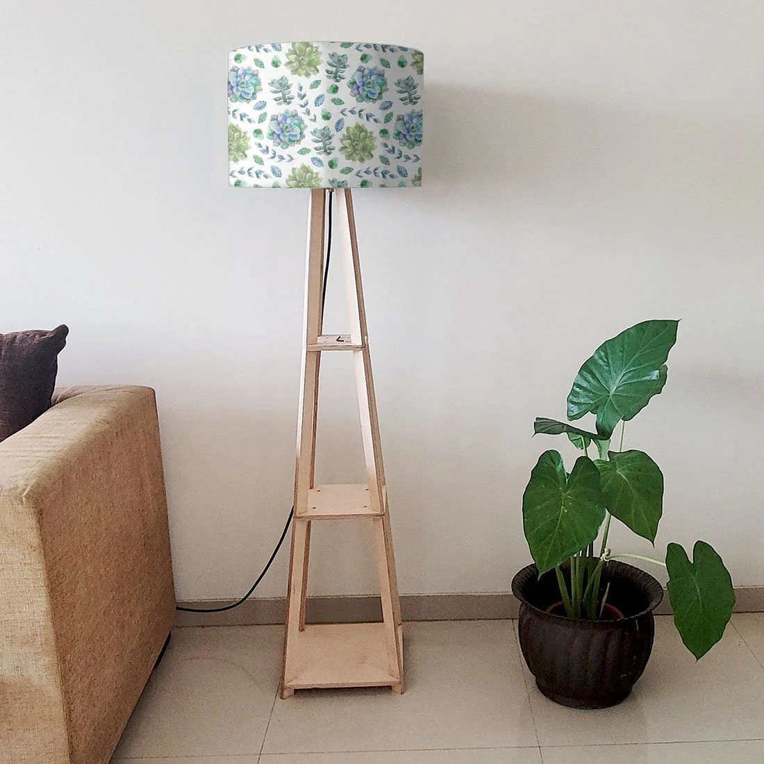Wooden Tripod Floor Lamp for Living Room - Flower Pattern - Image 6