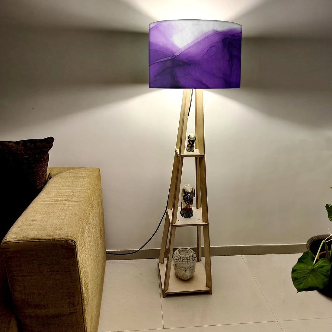 Wooden Tripod Floor Lamp  -   Pink Golden Ink Watercolor - Image 2