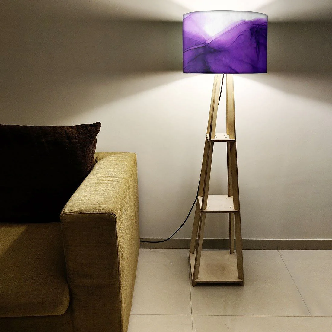 Wooden Tripod Floor Lamp  -   Pink Golden Ink Watercolor - Image 5
