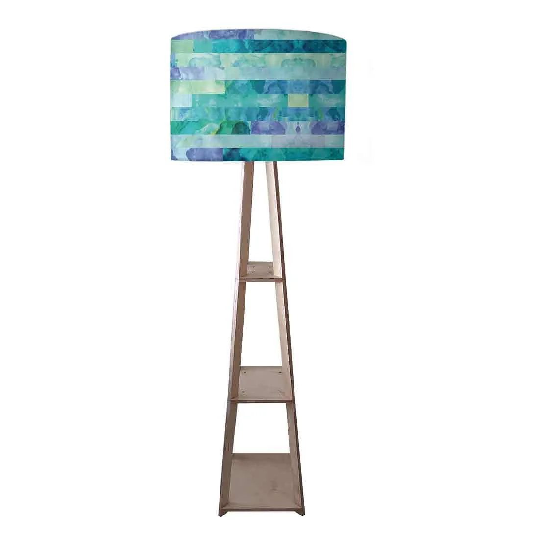 Wooden Tripod Floor Lamp with Shelf for Bedroom - Blue Stone