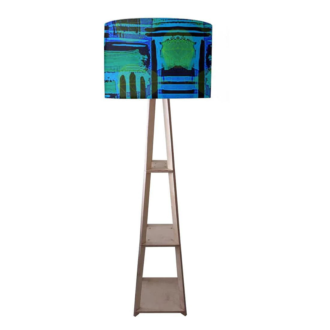 Wooden Tripod Floor Lamp - Blue Abstract