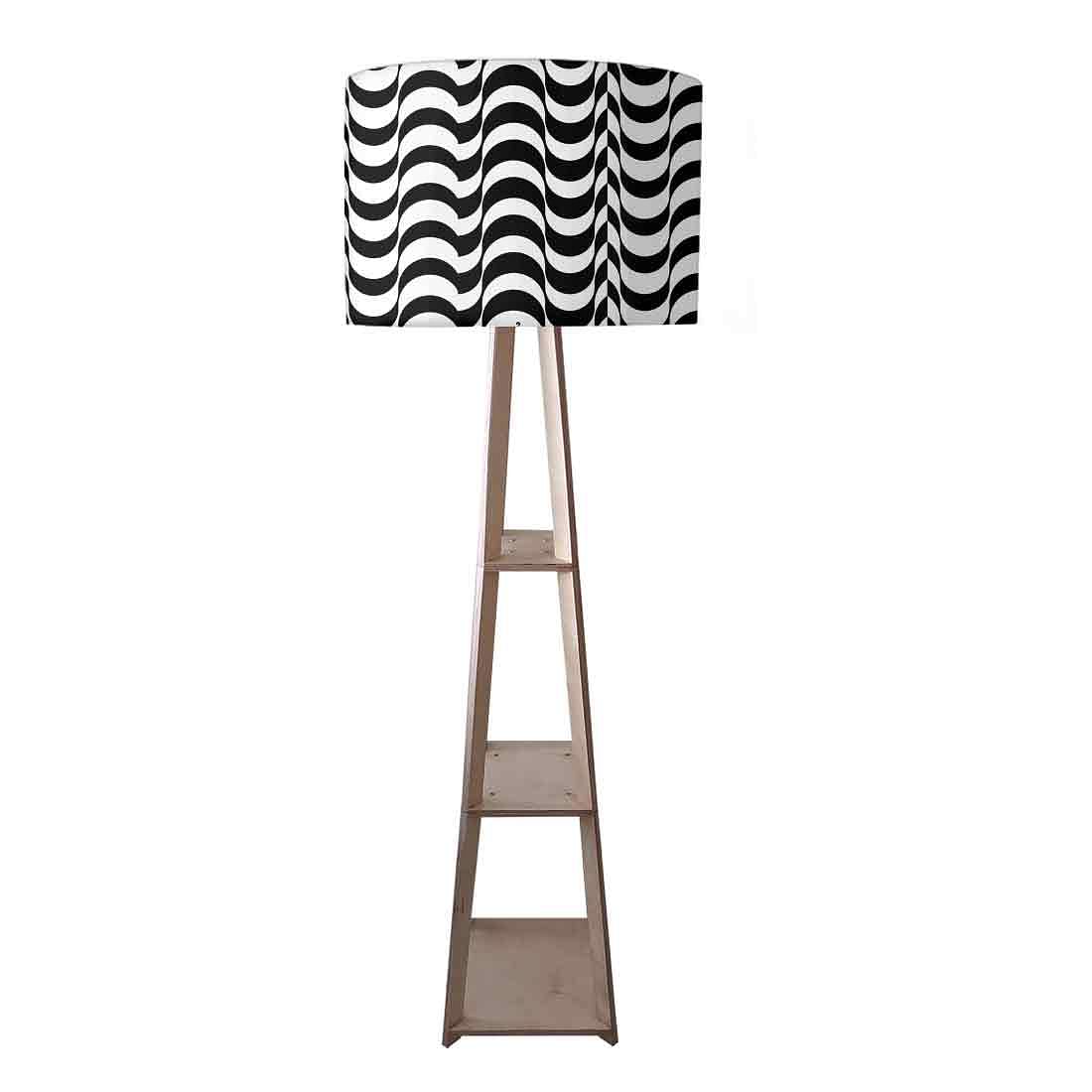 Wooden Corner Floor Lamp with Shelf - Black Waves