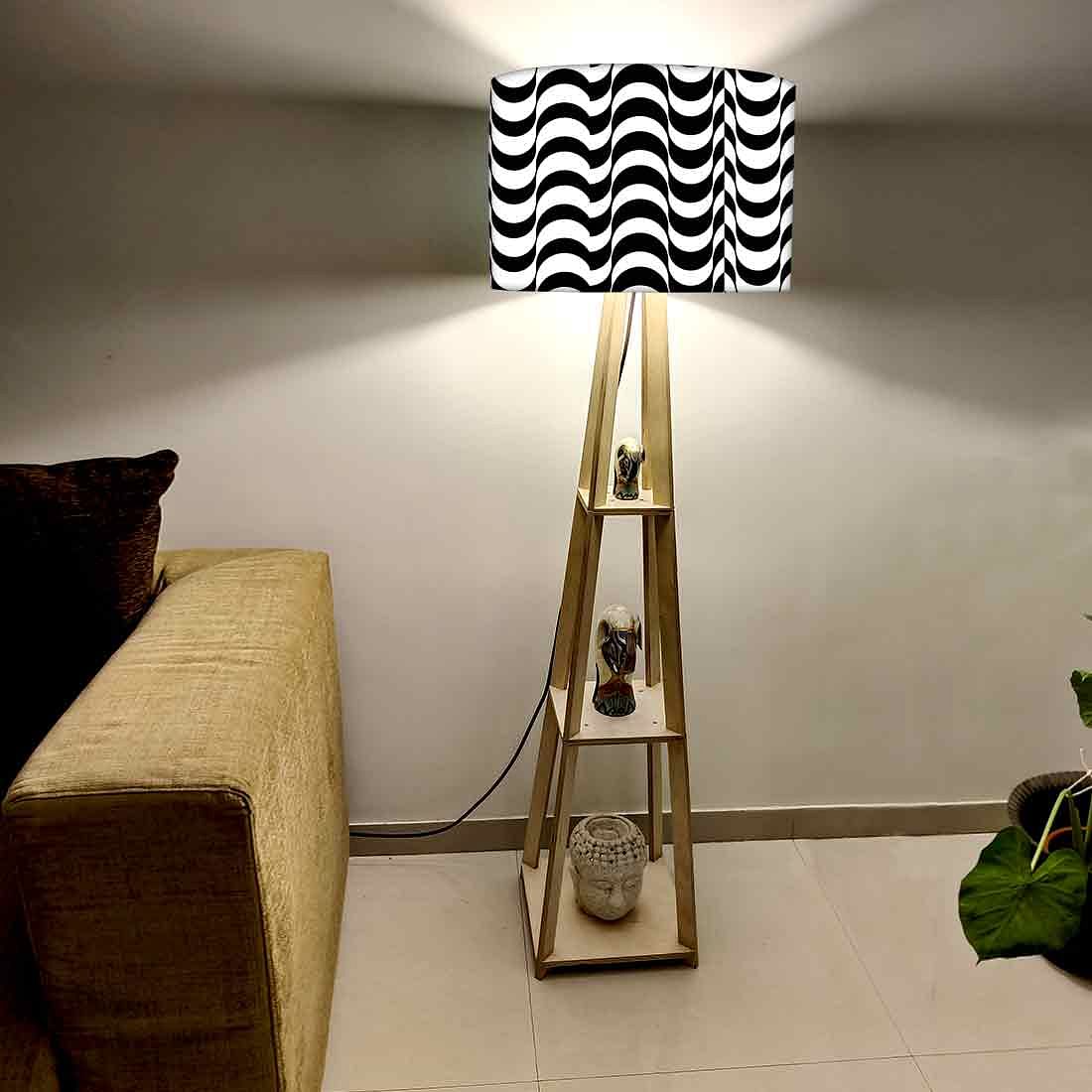Wooden Corner Floor Lamp with Shelf - Black Waves - Image 2