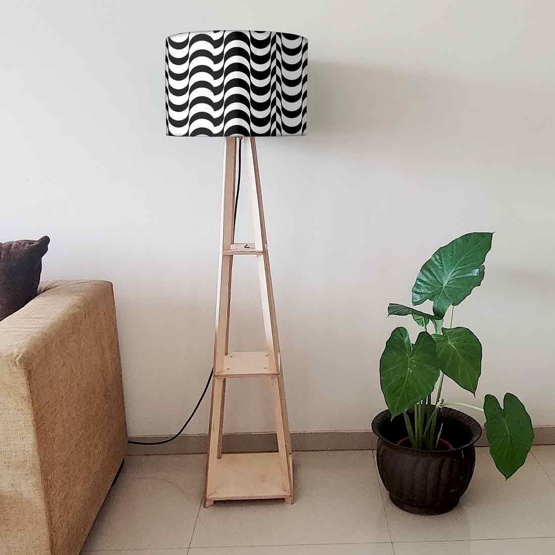 Wooden Corner Floor Lamp with Shelf - Black Waves - Image 6