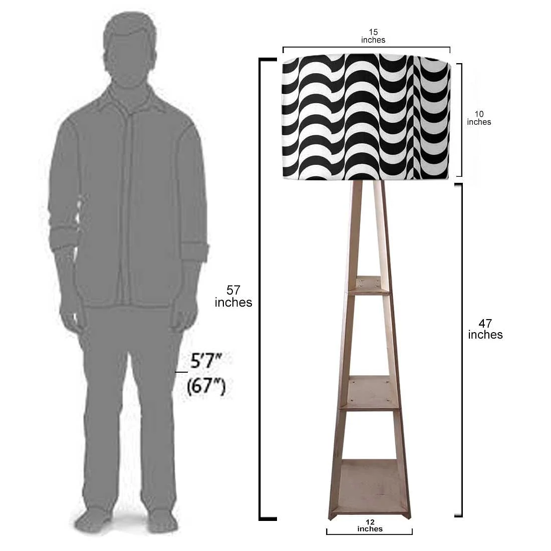 Wooden Corner Floor Lamp with Shelf - Black Waves - Image 7