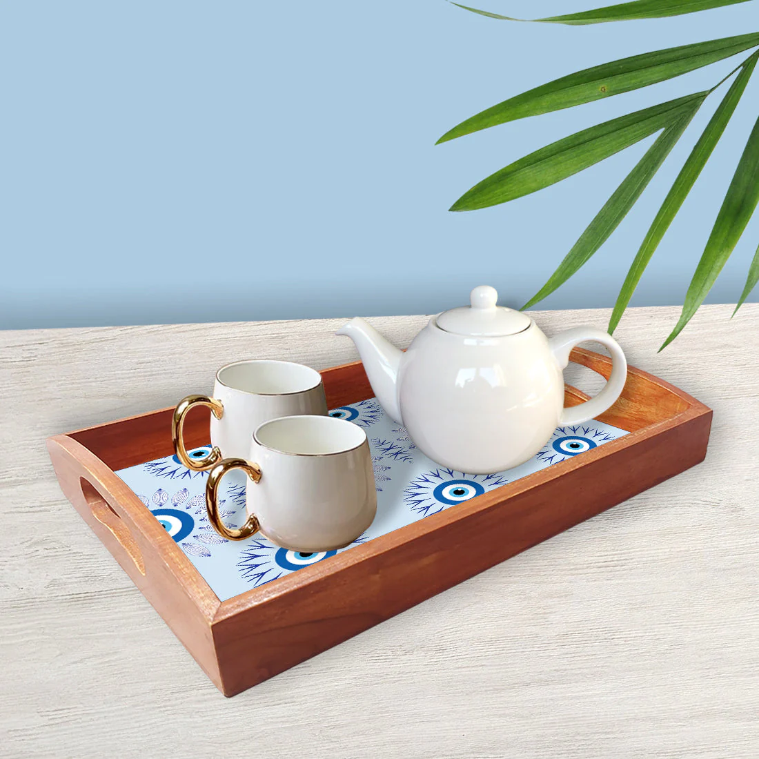 Evil Eye Rectangular Tray Tea Serving Set of 3 for Kitchen Use - Image 2