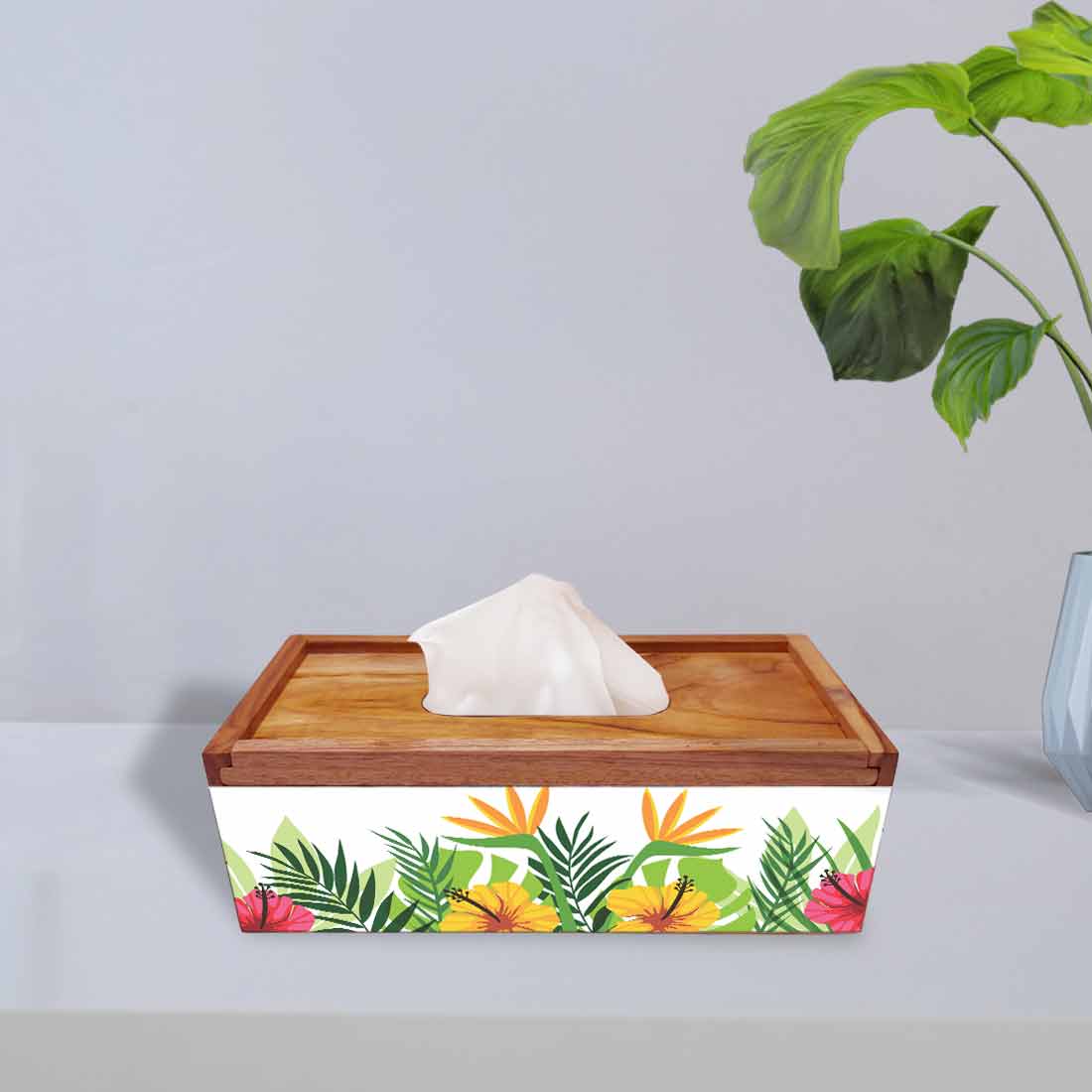 Wooden Rectangular Tissue Box Cover for Home Kitchen - Leaves - Image 2
