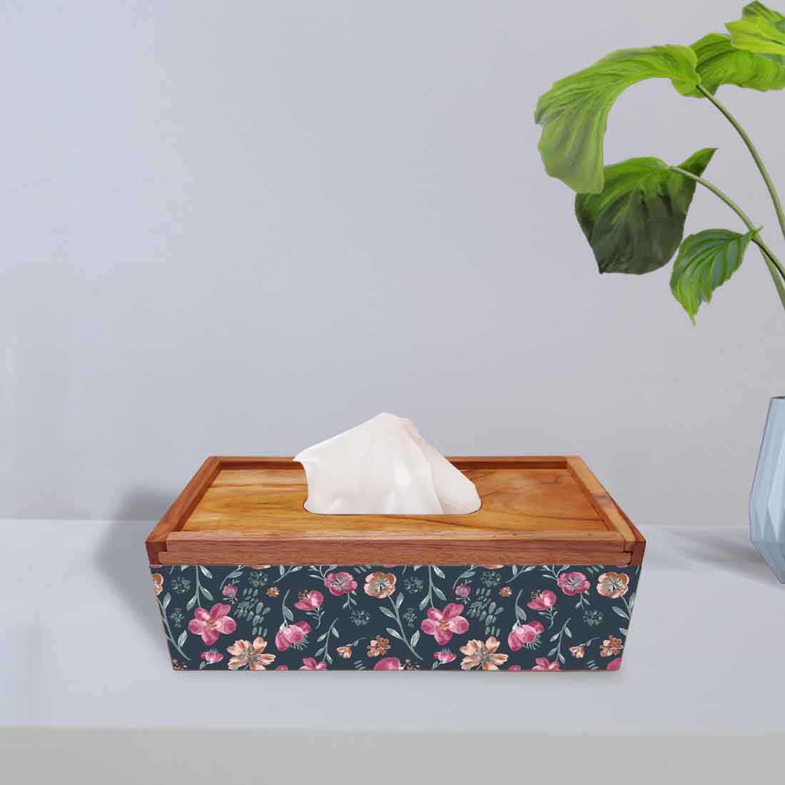 Wooden Rectangular Tissue Holder for Bathroom - Flowers - Image 2